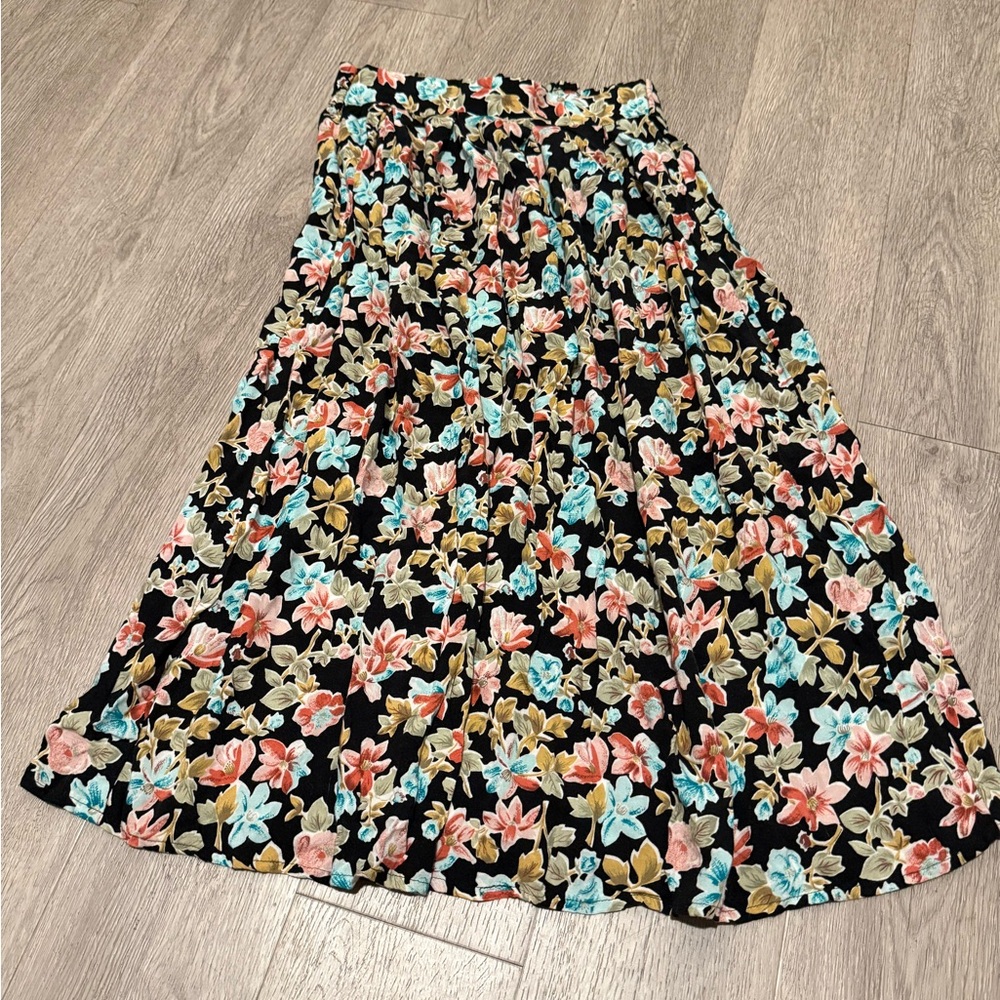 Vintage Floral Black Midi Skirt